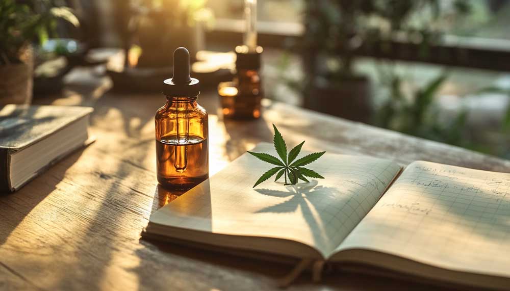 Close-up of CBD oil bottle and notebook with the words “Autism Spectrum Disorder” – cannabis and autism research concept