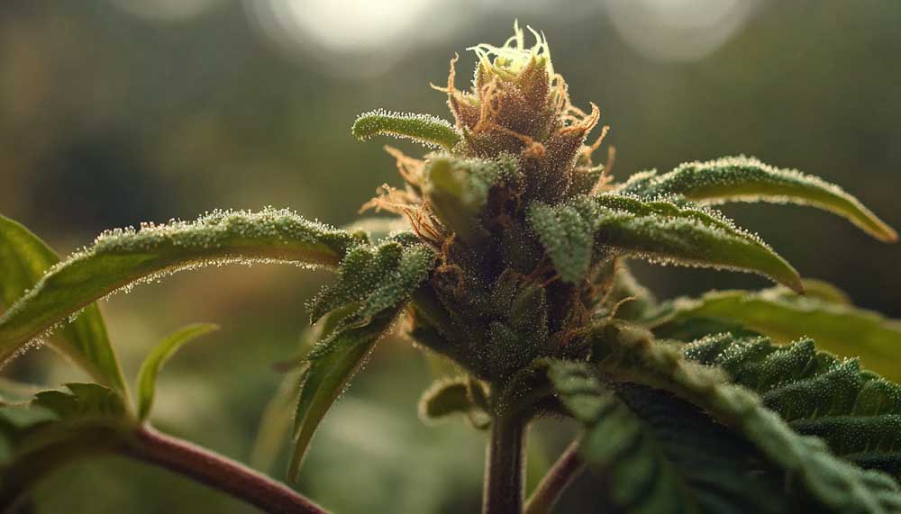Cannabis plant entering mid-flowering stage with budding flowers covered in white pistils and early trichomes.