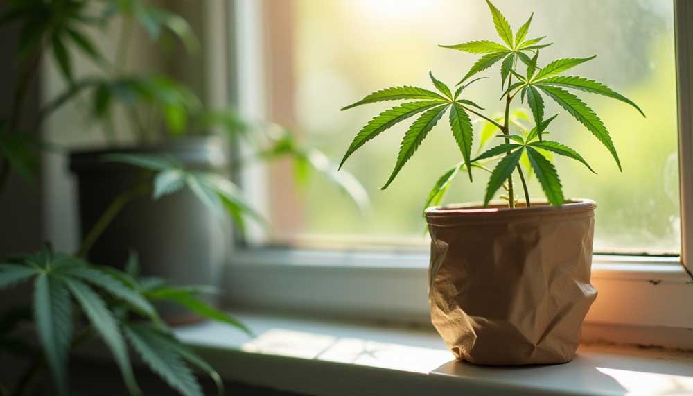 Cannabis growing in natural light on a windowsill using no special equipment. Ideal example of homegrown weed with zero budget.