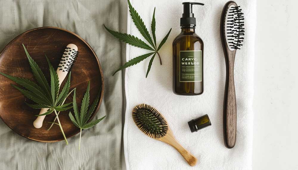 Flat lay of cannabis, shampoo, vitamins, and a hairbrush – hair care meets cannabis