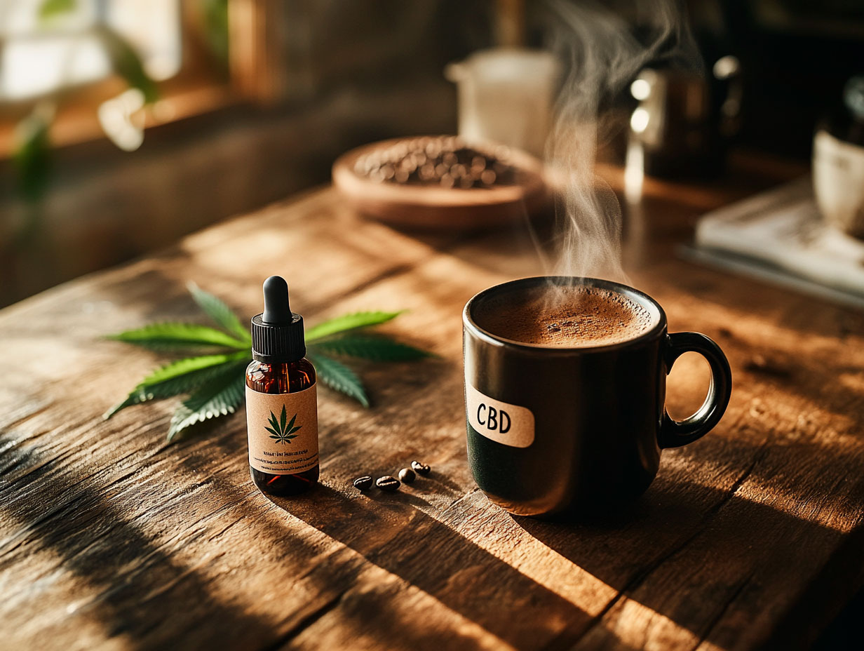 A steaming mug of black coffee on a wooden table with a CBD dropper bottle labeled “Cannabidiol Coffee” and fresh hemp leaves in soft morning light.