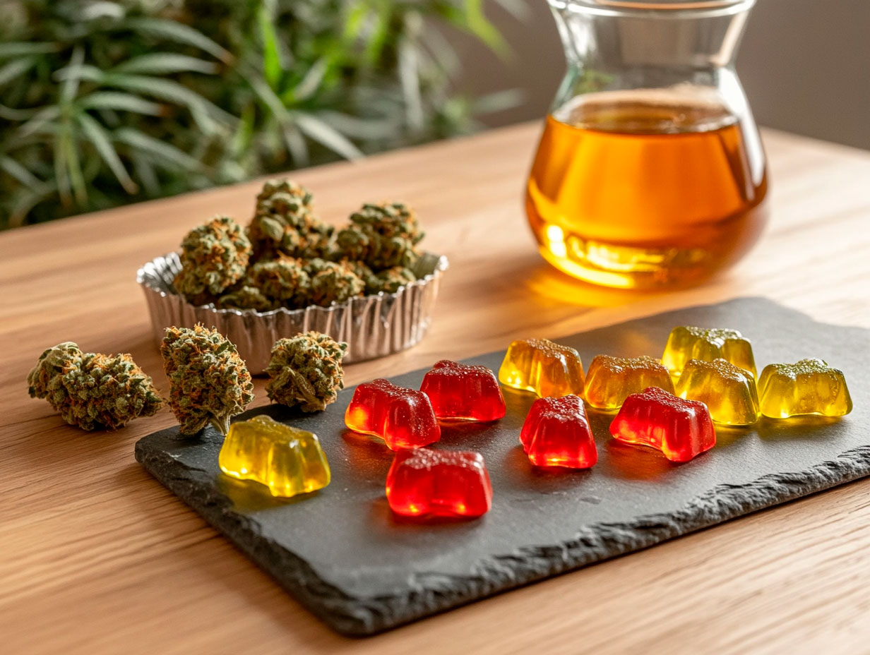 Close-up of vibrant homemade gummies on a slate board alongside a dropper of cannabis-infused oil, illustrating a cannabis gummies recipe.