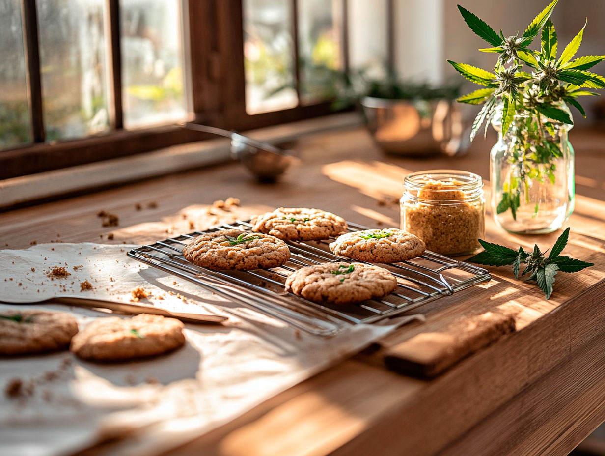 A cooling rack of golden-brown cookies made from cannabis cookie recipes, showcasing perfectly baked, evenly spaced treats on a wooden countertop.