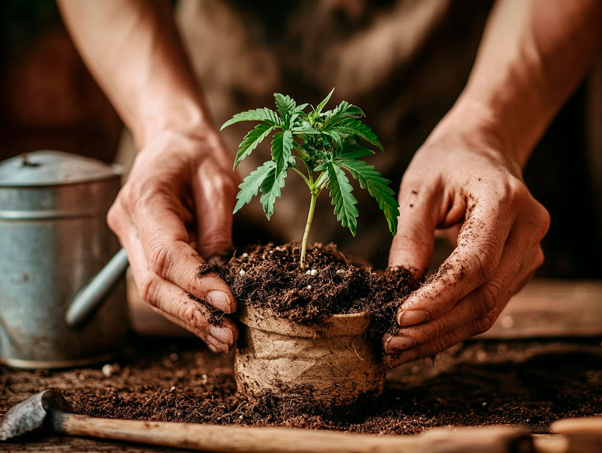 Close-up of hands holding a cannabis seedling’s root ball being prepared for transplanting cannabis into a larger pot with rich soil.