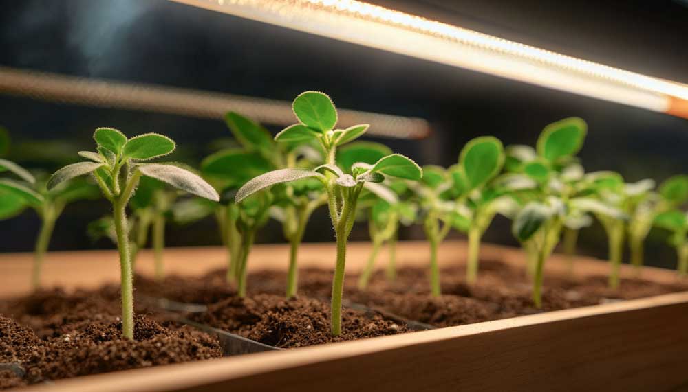 Cannabis seedlings growing in a small indoor grow tent with LED lights – part of a cannabis grow kit