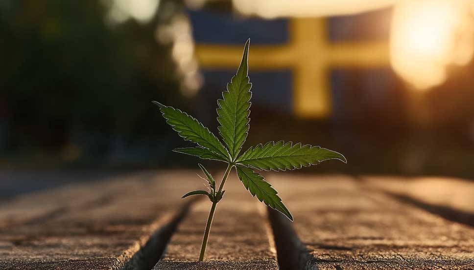 close-up of a cannabis leaf overlayed on the Swedish flag representing the question is weed legal in Sweden
